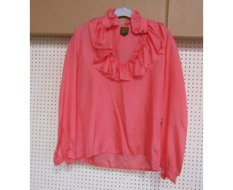 A Biba deep coral peach silk blouse with frill front and frill stand collar 