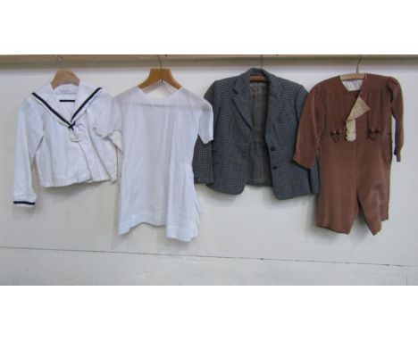 Four items of mid Century children's clothing to include wool tweed dog-tooth jacket, sailor's outfit, white linen dress, and