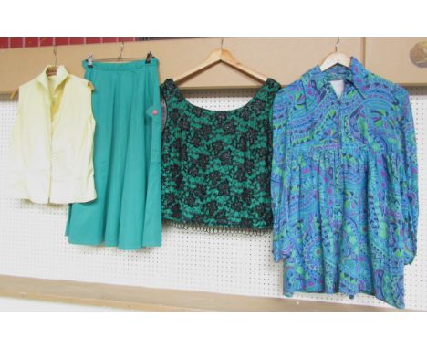 Four items of mid century clothing to include a bright green cotton "A" line skirt with 2 deep patch pockets and a lemon cott