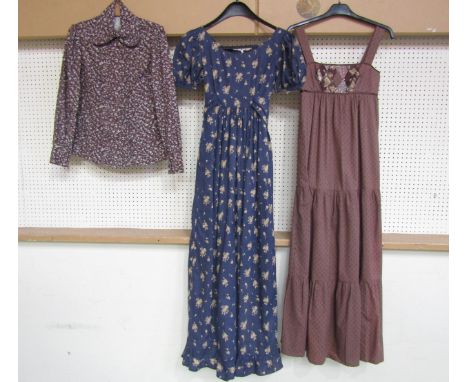 A homemade dark blue high waisted dress, ruffle frilled, tie waisted, McCalls pattern 4546, a dark brown floral long sleeve b