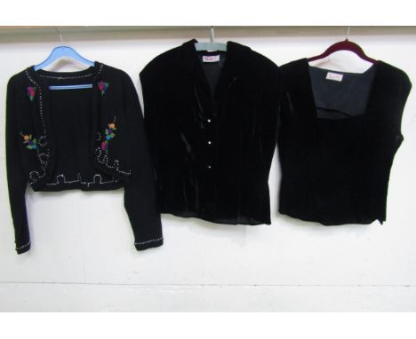 Three items of mid Century ladies clothing to include a sleeveless black silk velvet top, a black velvet cap sleeve blouse an