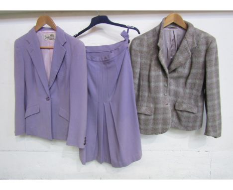 Two 1940's wool two-piece skirt suits in lavender Scotch Tweed, the other in cornflower blue bearing a "Sacony" Palm Beach la