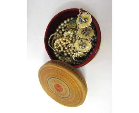 A straw box containing 1940's/50's mostly pearl jewellery and a 1940's Oriental panel bracelet 