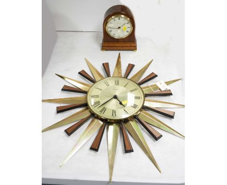 A brass and stained wood sunburst clock, by H. Samuel, approximately 59 x 59cms; together with a mahogany cased Comitti, Lond