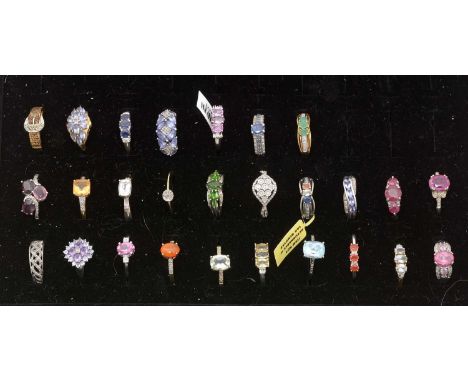 Twenty-seven silver and silver gilt rings, set with diamonds and coloured stones, including opal, citrine, tanzanite, and oth