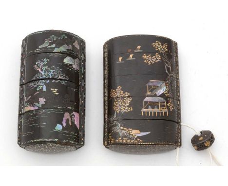 Two Japanese Meiji period inro, with mother of pearl inlaid lacquer design with scenery decoration; and a steel and yellow me