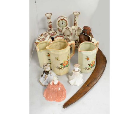 A selection of  Mason's 'Mandalay Red' ceramics, including: a pair of candlesticks, mantel clock, two miniature photograph fr