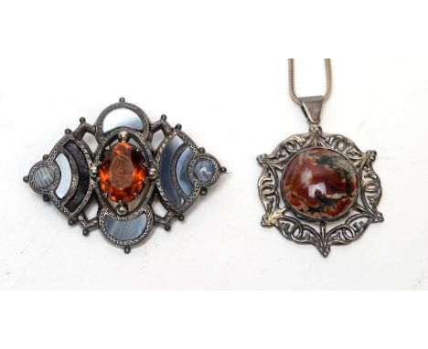 An agate and glass set Scottish brooch, in white metal mount; and a moss agate and Scottish silver pendant on snake link chai