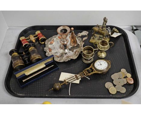 A selection of collectible items, including: a pair of leather and brass opera glasses; a pair of gilt metal and red enamel o