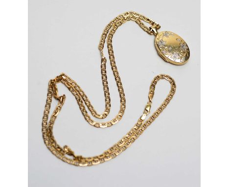 A 9ct yellow gold oval locket pendant, on 9ct yellow gold chain, 12.9g gross.