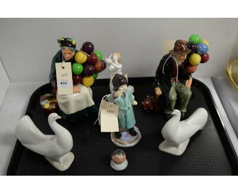 A selection of decorative ceramic figures, including: Royal Doulton figure of 'The Old Balloon Seller', HN1315; Royal Doulton