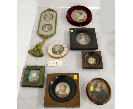 A collection of 20th Century portrait miniatures of ladies, of various sizes and designs, each framed and under glass. (8)