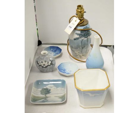 A selection of B &amp; G Copenhagen decorative blue and white ceramics, including: a brass-mounted ceramic table lamp, decora