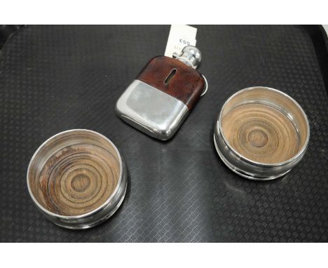 A 20th Century hip flask, by James Deakin &amp; Son, half-leather bound with silver-plated mounts; together with a pair of si