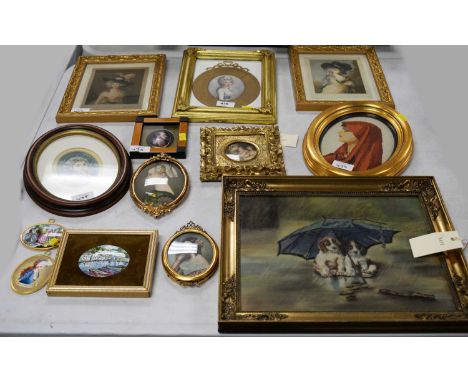 A selection of painted, printed, and needlework portrait miniatures, of various sizes, shapes and designs, most gilt framed. 