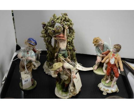 A selection of Capodimonte ceramic figures, comprising: five figures of young boys, and a figure of an old farmer, some with 