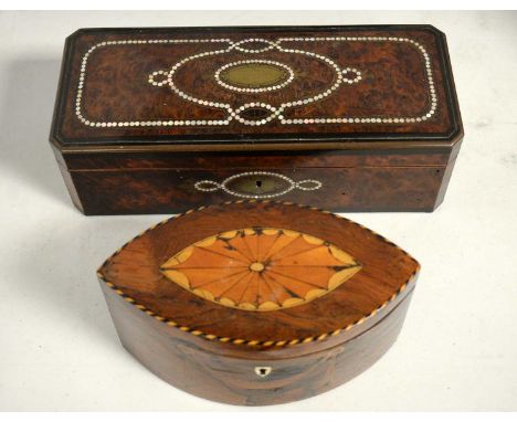 A Georgian rosewood marquetry inlaid tea caddy, of lozenge form, 18cms wide; together with a Victorian mother-of-pearl inlaid