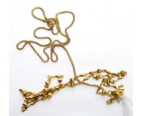 A 9ct yellow gold snake link chain, 51cms long, 4.2g; together with a yellow metal chain, with twisted links. 