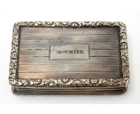 A George IV silver snuff box, by Thomas Streetin, Birmingham 1825, of rectangular form engine turned and floral moulded edge,
