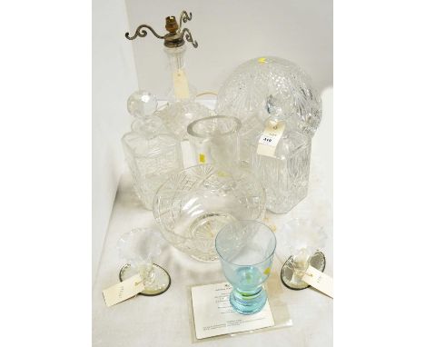 A selection of crystal and glassware, including: a crystal table lamp, with silver-plated brass mounts and crystal shade, 48c
