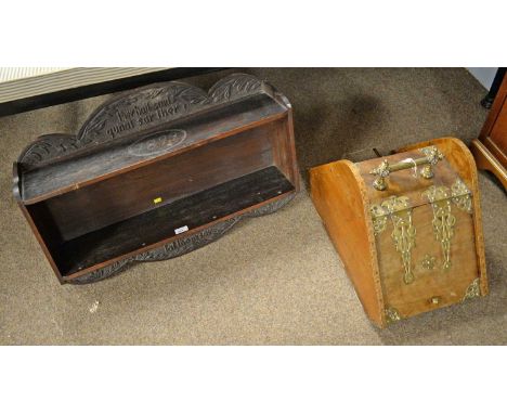 A Victorian inlaid walnut brass bound coal box, 33cms wide, 36.5cms high; together with a late Victorian ebonised wood wall s