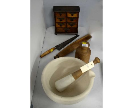 A selection of kitchen tools and accessories, including: a Victorian mahogany miniature spice cabinet, 22cms high; a stained 