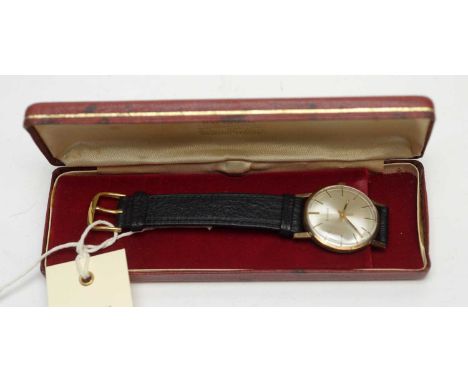 A 9ct yellow gold cased Eterna wristwatch, with manual wind movement, engraved presentation inscription, c.1977, cased. 