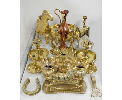 A collection of brass and copperware, including: two various brass figures of horses; a brass rocking horse; brass chamber ca