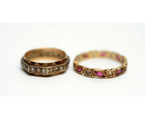 A 9ct gold eternity ring; and a yellow-metal pink and white stone eternity ring, 5.7g gross 