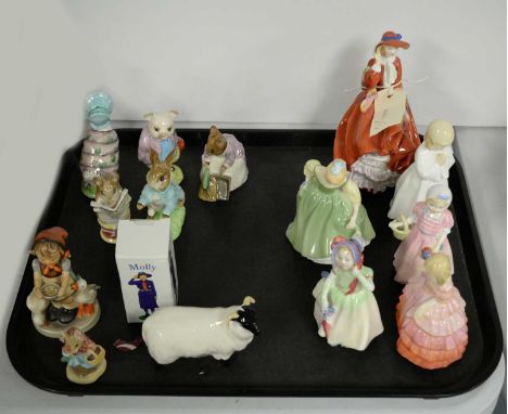 A selection of decorative ceramic figurines, including: six Royal Doulton figures of ladies, including: 'Top the Hill', HN477