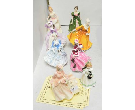 A selection of ceramic figures of ladies, including: four Coalport figures 'Autumn Colours'; 'The Skater'; 'A Seaside Stroll'