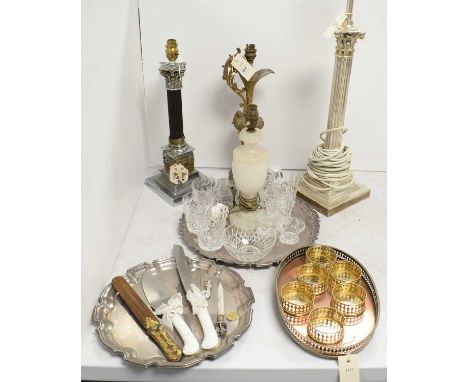 A selection of decorative items, including: two 20th Century corinthian column tables lamps, the tallest 81cms high overall; 