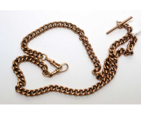 A 9ct yellow gold albert chain, the curb links with t-bar and clasps, 52cms long, 75.0g. 