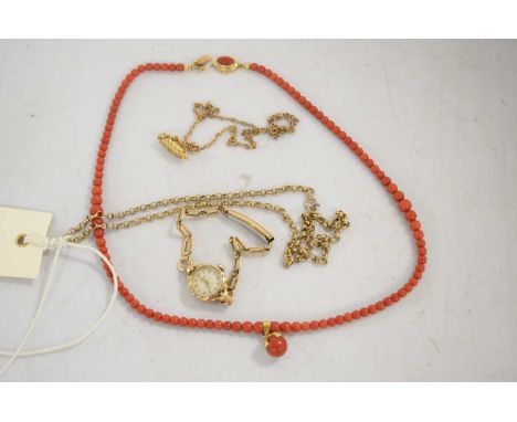 A selection of jewellery, including: a coral single strand necklace with pendant drop marked '750' to bale, and yellow metal 