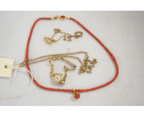 A selection of jewellery, including: a coral single strand necklace with pendant drop marked '750' to bale, and yellow metal 