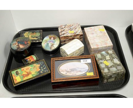 A selection of five Russian lacquered wood trinket boxes, painted with figural and landscape scenes, the largest rectangular 