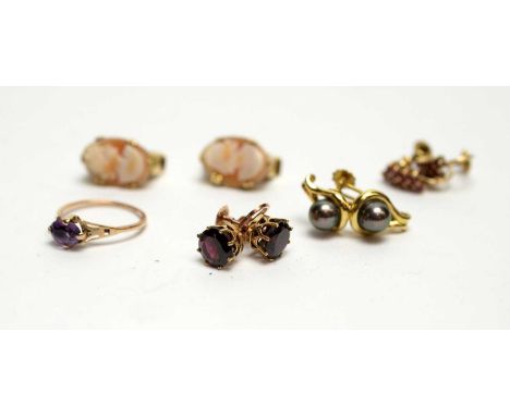 A selection of earrings, set with carved shell cameo, quartz, stained cultured pearl, garnet and others, in gold and yellow m