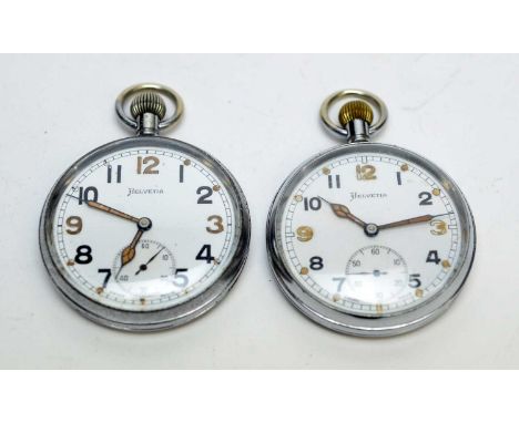 Two military open faced plated cased pocket watches, by Helvetia, with white enamel arabic dials, each stamped 'GS/TP' and 'P