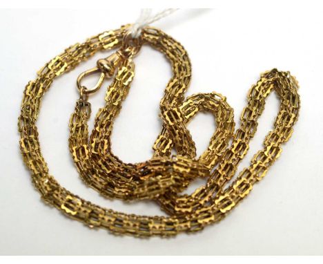 A yellow metal fancy link chain necklace, the clasp stamped '15', 50cs long, 23.4g. 