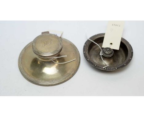 A silver pin dish, by Reid &amp; Sons, Birmingham 1957, with Lindisfarne design, 2.7oz; and a silver capstan form inkwell, by