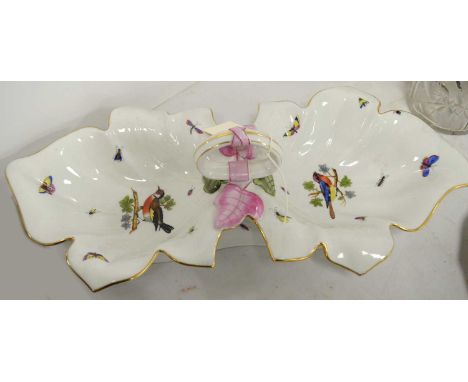 Herend Rothschild, Hungary ceramic sweetmeat dish, formed of two leaf-shaped bowls joined by a single handle, decorated with 