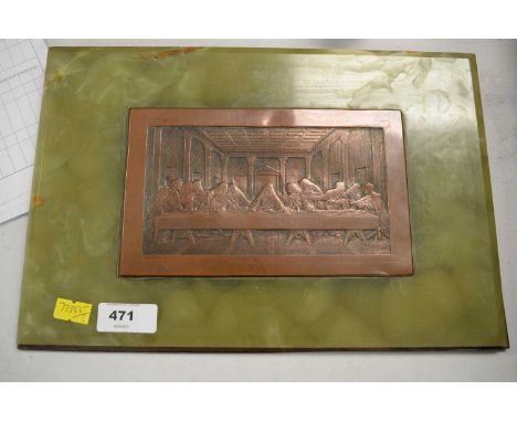 An early 20th Century brass and marble religious icon depicting the 'Last Supper', with easel back and suspender ring for wal