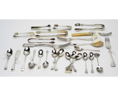 Silver teaspoons, forks, butter knife and other items, and other items, 16.1oz gross; a silver fork with bone handle and a pa