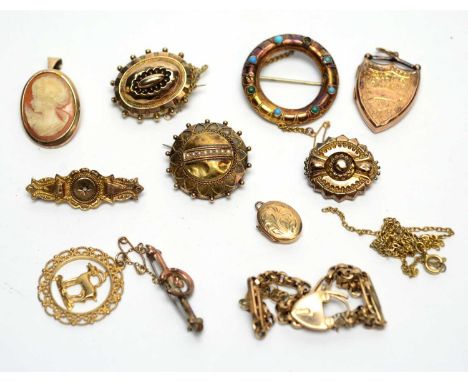 A selection of 19th and 20th Century gold and yellow metal brooches, including a Victorian seed pearl set roundel brooch; a t