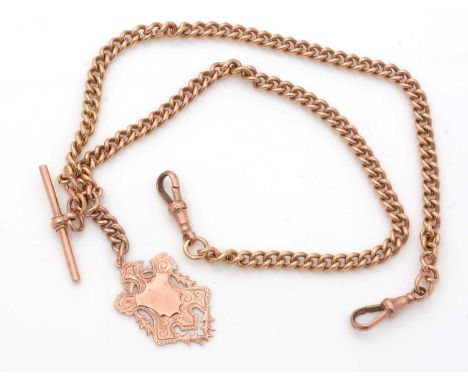 A yellow metal Albert chain, with T-bar, fob and clasps, 47cms long, 46.8g gross.