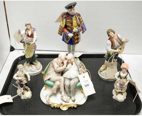 A selection of decorative ceramic figures, including: a pair of Royal Crown Derby figures of fruit sellers, by Edward Drew, d