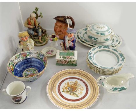 A selection of decorative ceramics, including: two Wedgwood character toby jugs; Royal Doulton character jug; Maling 'Peony R