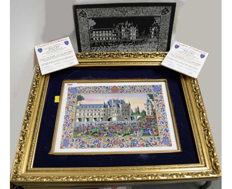 A pair of ceramic wall plaques, each illustrating grand chateau scenes in colour, illustrated by Jean Gradassi, each mounted 