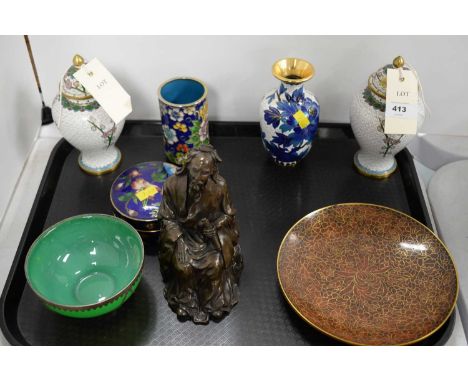 A pair of cloisonne Chinese ginger jars and covers, decorated with cherry blossoms on a white ground, each 16cms high; togeth