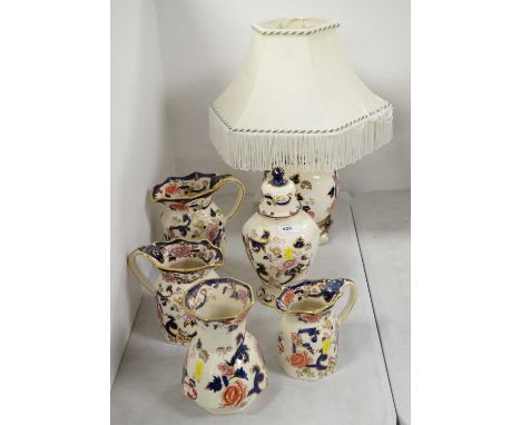 A selection of Masons 'Mandalay' ceramics, comprising: a baluster table lamp; ginger jar and cover; vase; and three graduated